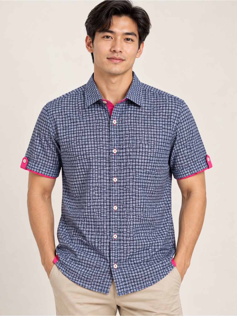 Maceoo Galileo Men’s Blue Geometric Short Sleeve Button Up Shirt Italian Fabric